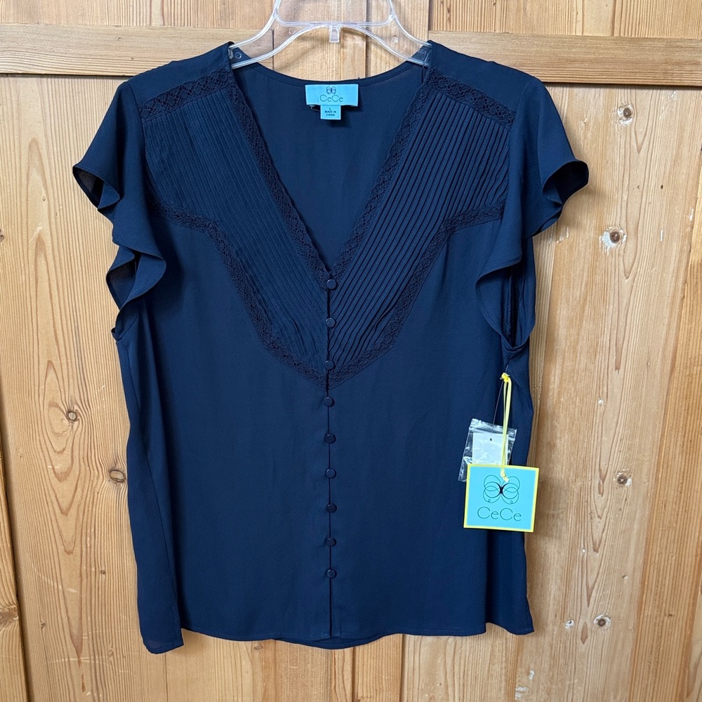 CeCe Navy V-Neck Pintuck & Lace Flutter Sleeve Blouse